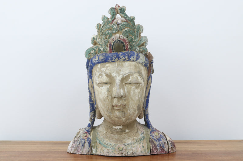 Vintage chinese hand carved and painted wooden buddha head  