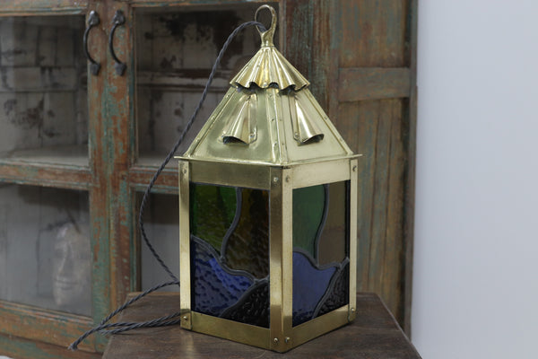 Mid 20th Century Arts & Crafts Style Stain Glass Brass Lantern