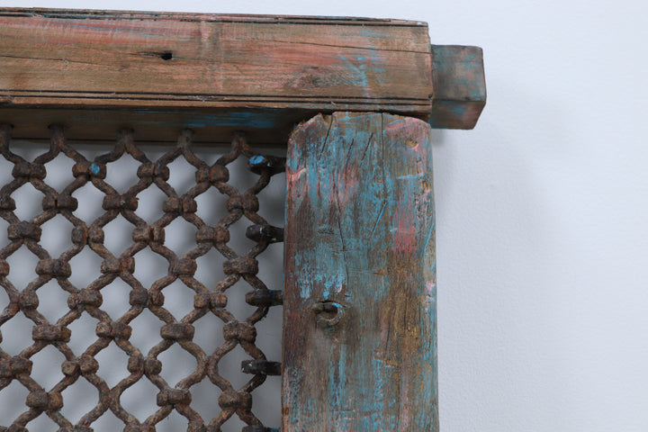 Oriental Wooden And Metal Framework Teal Painted Window