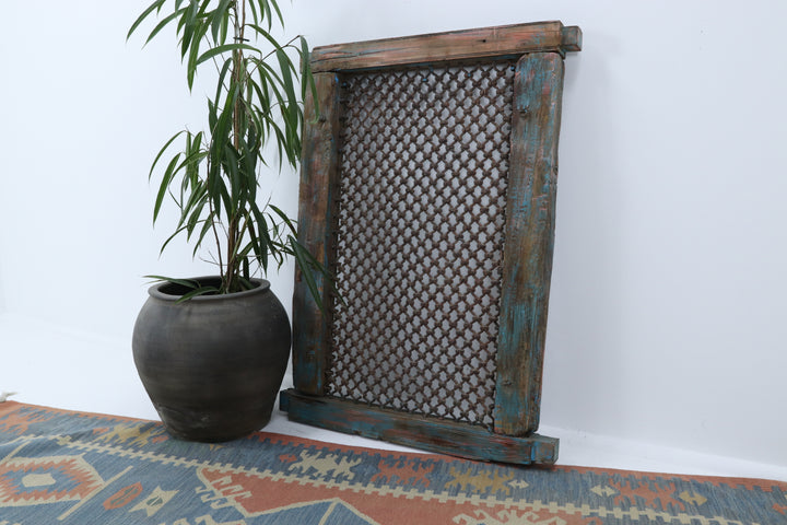 Oriental Wooden And Metal Framework Teal Painted Window