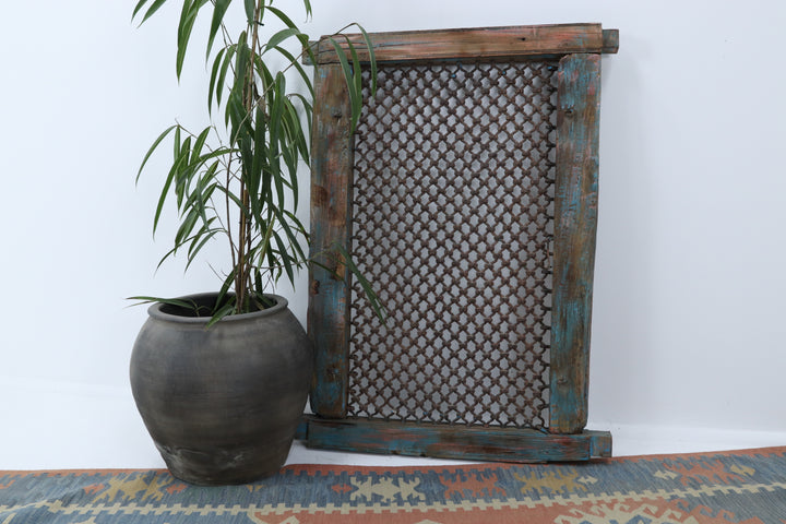 Oriental Wooden And Metal Framework Teal Painted Window