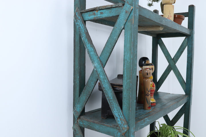 Vintage asian wooden painted shelving unit 
