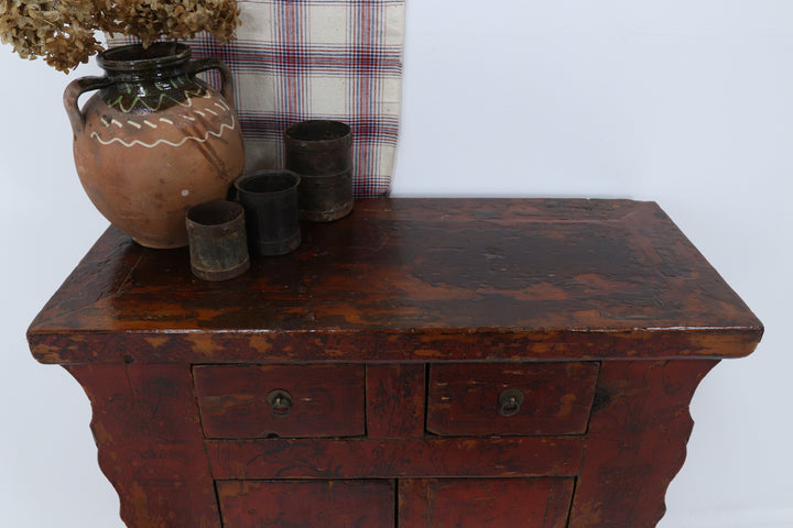 Vintage chinese handmade cabinet with daily life scene and metal handles 