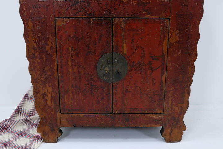 Vintage chinese handmade cabinet with daily life scene and metal handles 