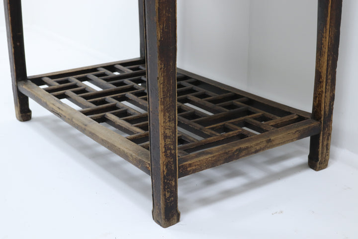 Vintage wooden 19th century lacquered table with lattice shelf
