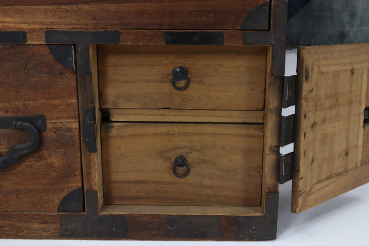 Vintage handmade wooden tansu chest with metal details 