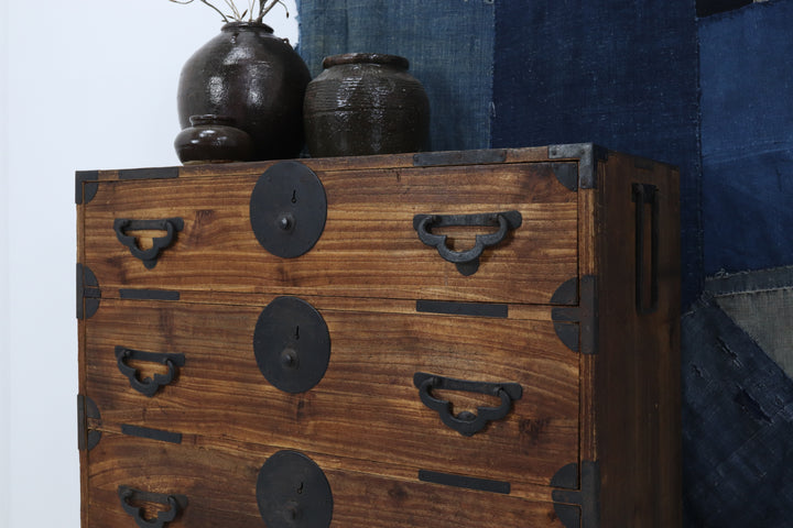 Vintage handmade wooden tansu chest with metal details 