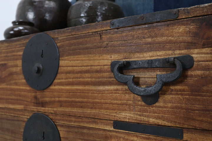 Vintage handmade wooden tansu chest with metal details 