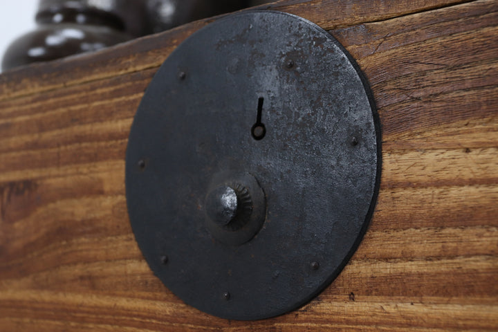 Vintage handmade wooden tansu chest with metal details 