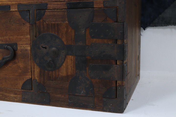 Vintage handmade wooden tansu chest with metal details 