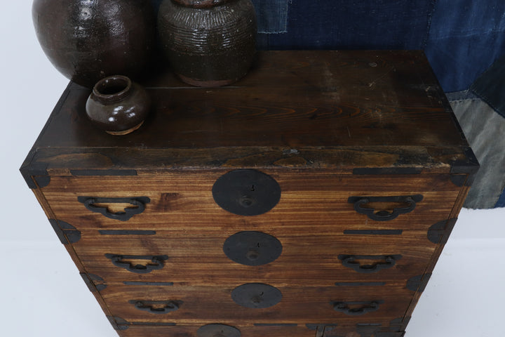 Vintage handmade wooden tansu chest with metal details 