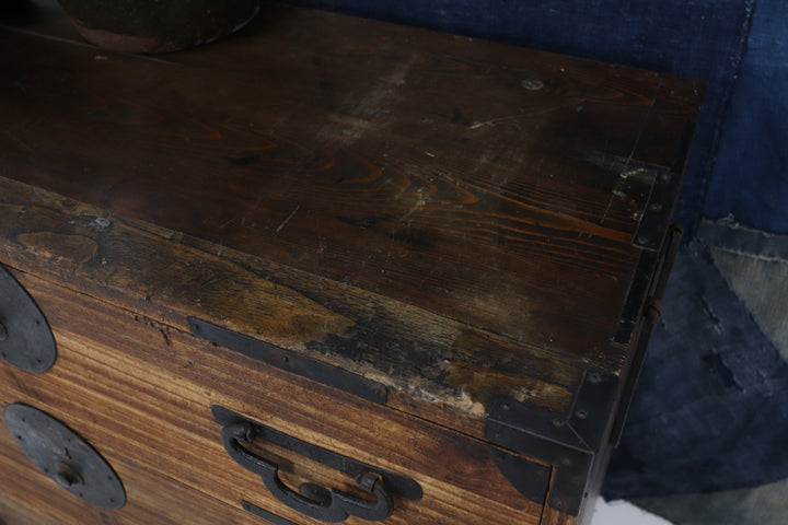 Vintage handmade wooden tansu chest with metal details 