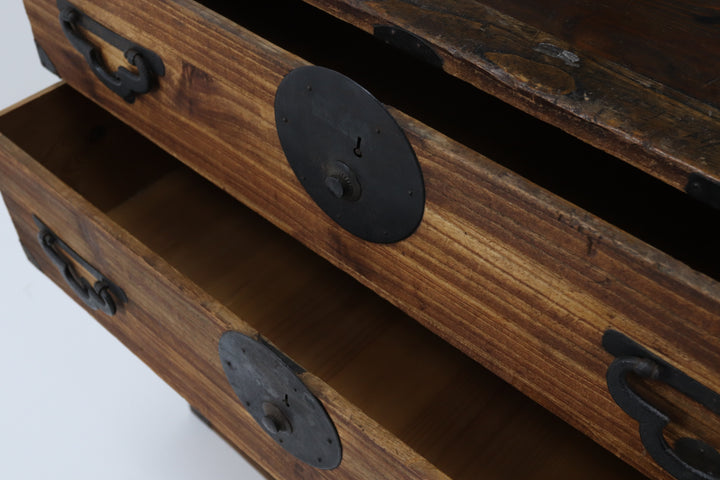 Vintage handmade wooden tansu chest with metal details 