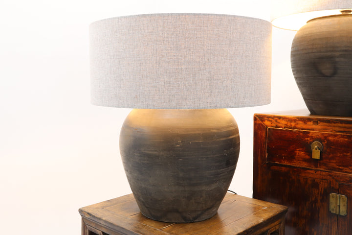 Vintage black ceramic lamps with linen shades 