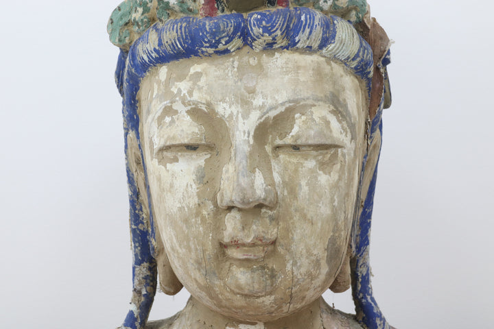 Vintage chinese hand carved and painted wooden buddha head  
