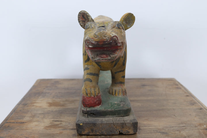 Vintage handmade 19th century wooden tiger with painted details 