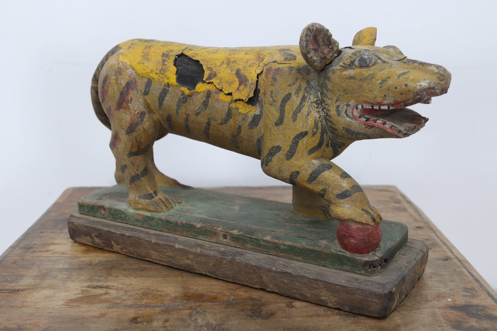 Vintage handmade 19th century wooden tiger with painted details 