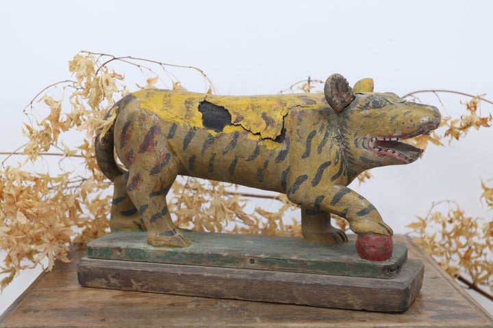 Vintage handmade 19th century wooden tiger with painted details 