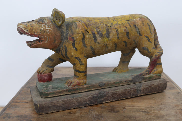 Vintage handmade 19th century wooden tiger with painted details 