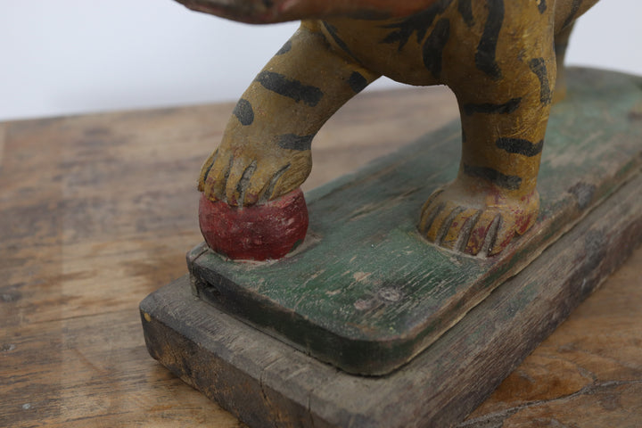 Vintage handmade 19th century wooden tiger with painted details 