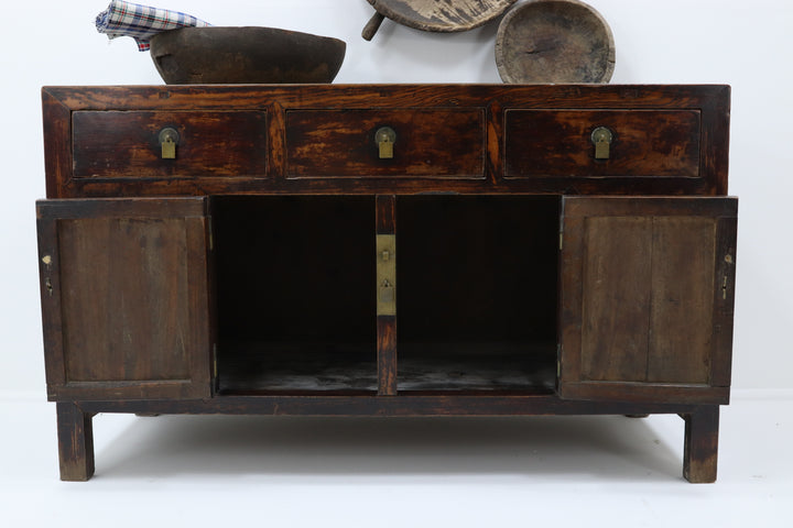 Vintage asian elm cabinet with painted details and brass ironwork 