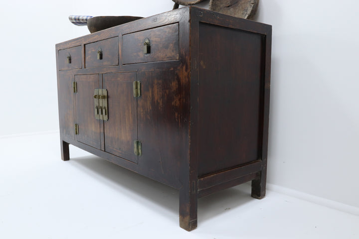 Vintage asian elm cabinet with painted details and brass ironwork 