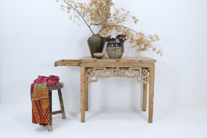 Vintage handmade asian table with carved details 