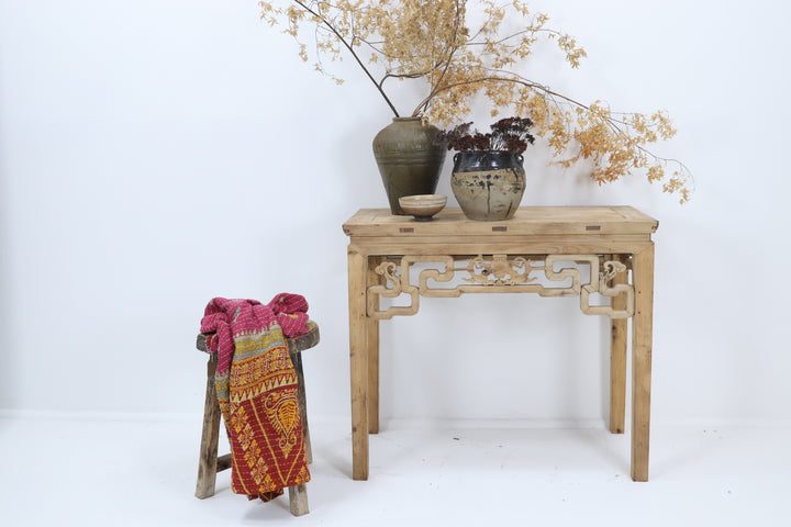 Vintage handmade asian table with carved details 