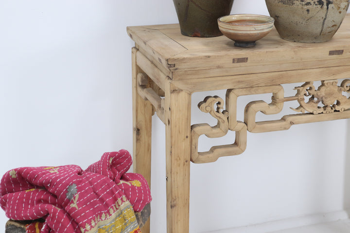 Vintage handmade asian table with carved details 