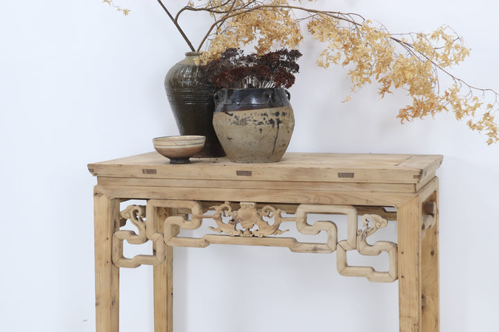 Vintage handmade asian table with carved details 