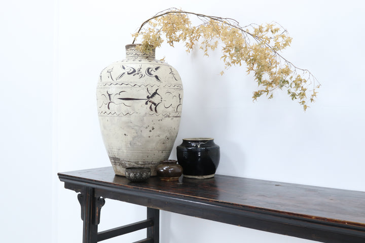 Vintage black asian console table with carved details 