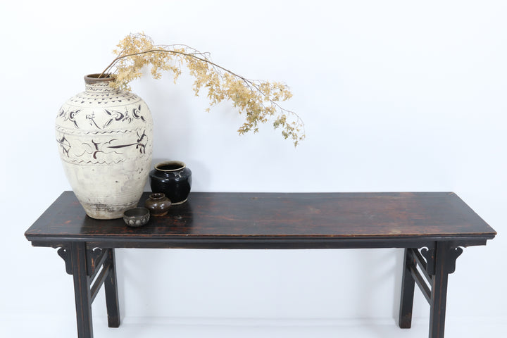 Vintage black asian console table with carved details 