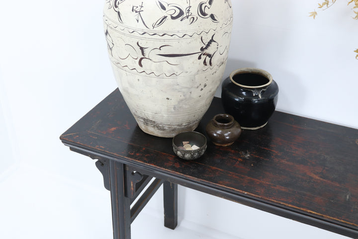 Vintage black asian console table with carved details 