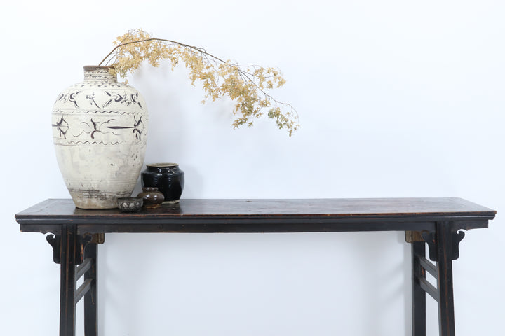 Vintage black asian console table with carved details 