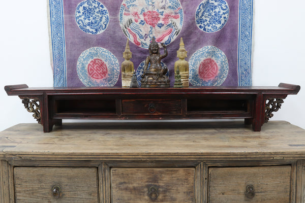 Vintage wooden asian cabinet with red lacquer and silver paint