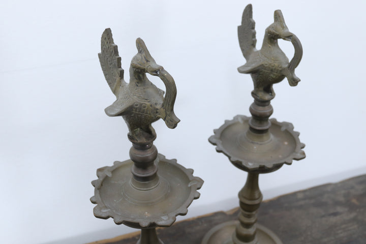 Vintage handmade brass oil lamp with carved details 