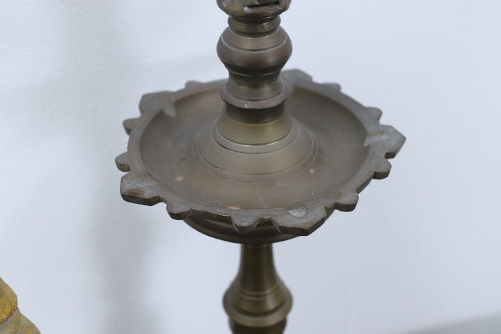 Vintage handmade brass oil lamp with carved details 