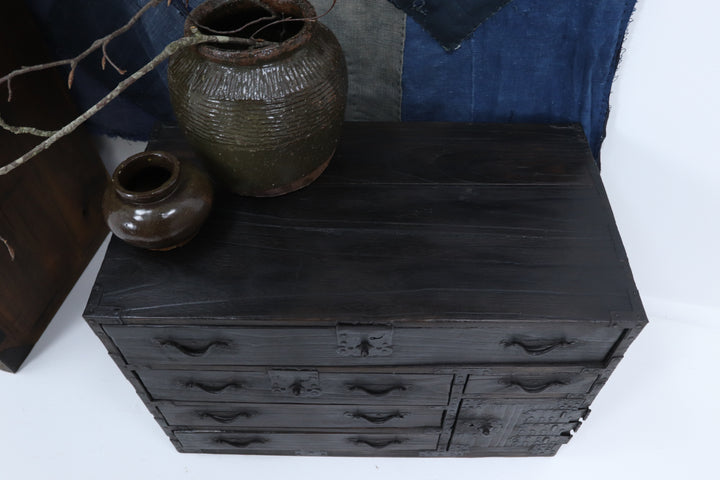 Vintage wooden handmade 19th century japanese storage chest 