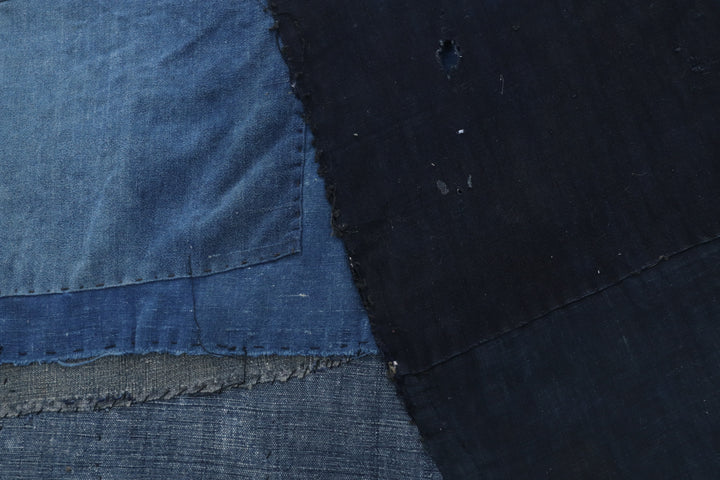 Vintage homemade indigo boro textile panel with sewn details