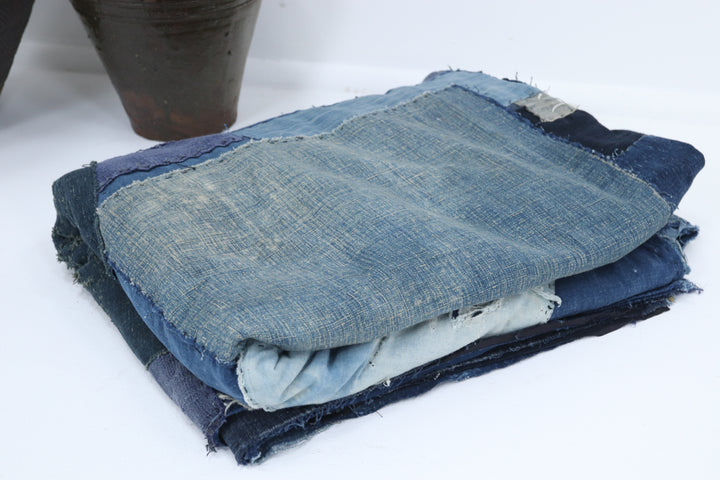 Vintage homemade indigo boro textile panel with sewn details