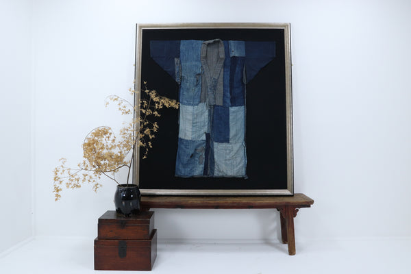 Meiji Period Japanese Indigo Framed Boro Kimono