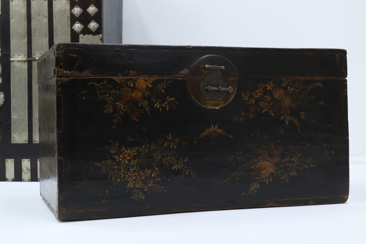 Vintage asian handmade painted trunk with brass lock