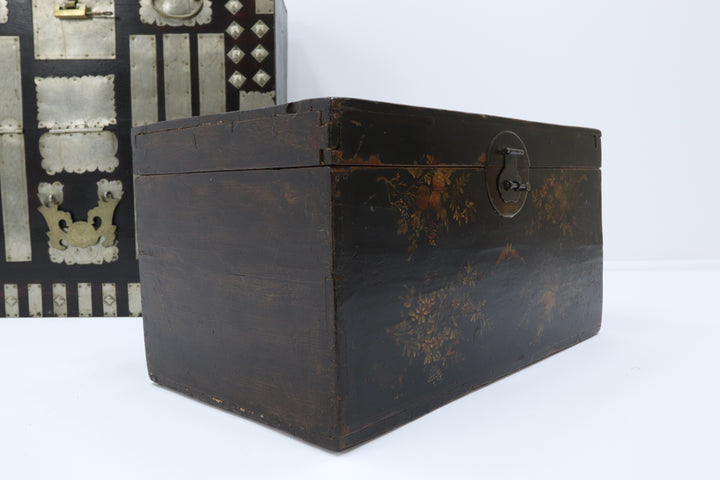 Vintage asian handmade painted trunk with brass lock