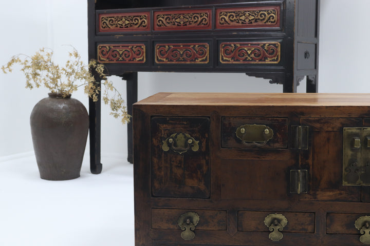 Vintage wooden handmade asian low storage cabinet
