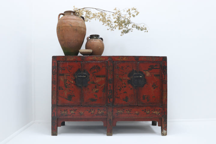 Vintage handmade asian wooden cabinet with painted details
