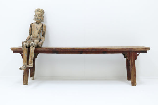 Vintage wooden 19th century elm asian bench with red paint 