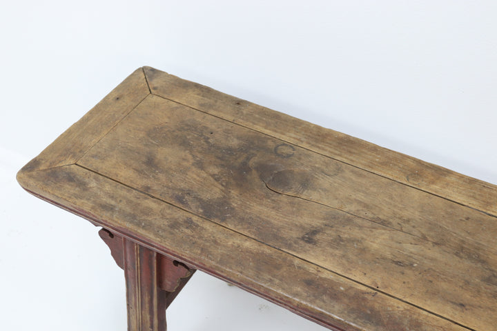 Vintage wooden 19th century elm asian bench with red paint 