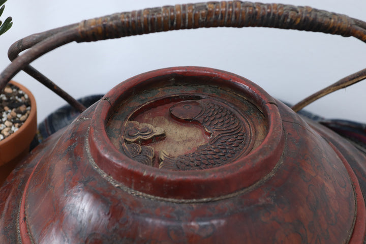 Antique Asian Red Hand-carved Matrimony Basket