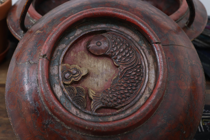 Antique Asian Red Hand-carved Matrimony Basket