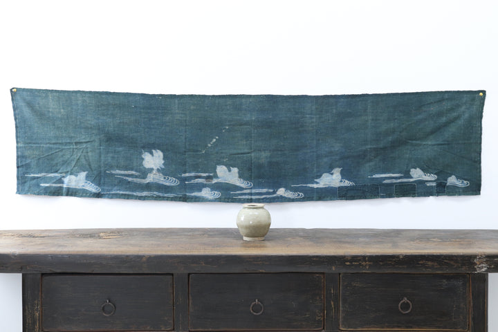 Antique Navy Hand Illustrated Bird Textile
